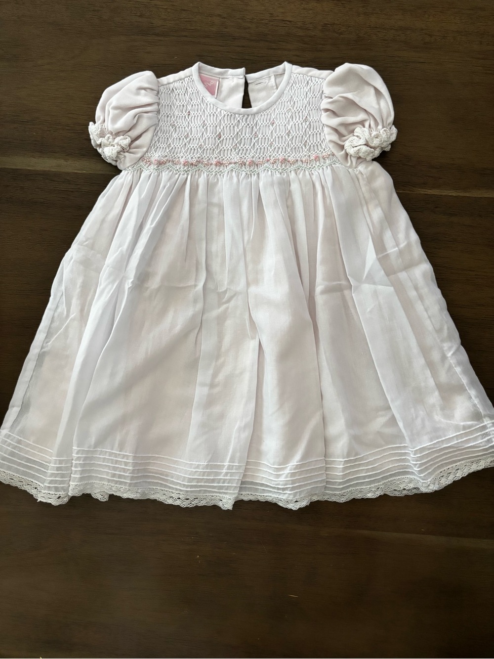 Heirloom White/Pink Smocked Puff-Sleeve Dress